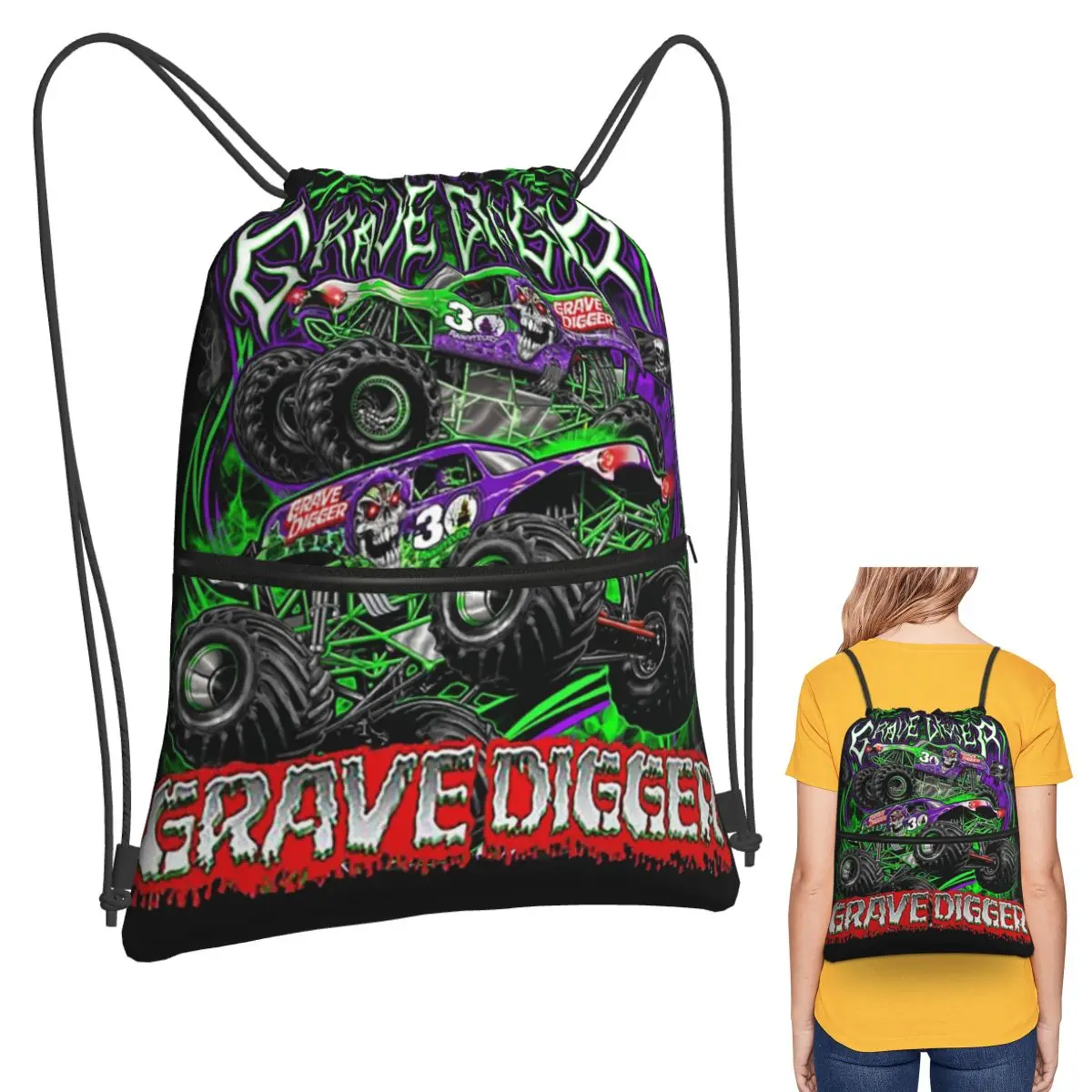 

Monster Jam Grave Digger Monster Truck Art Fans Рюкзаки на шнурке Карманная спортивная сумка Сумки для книг для школы путешествий