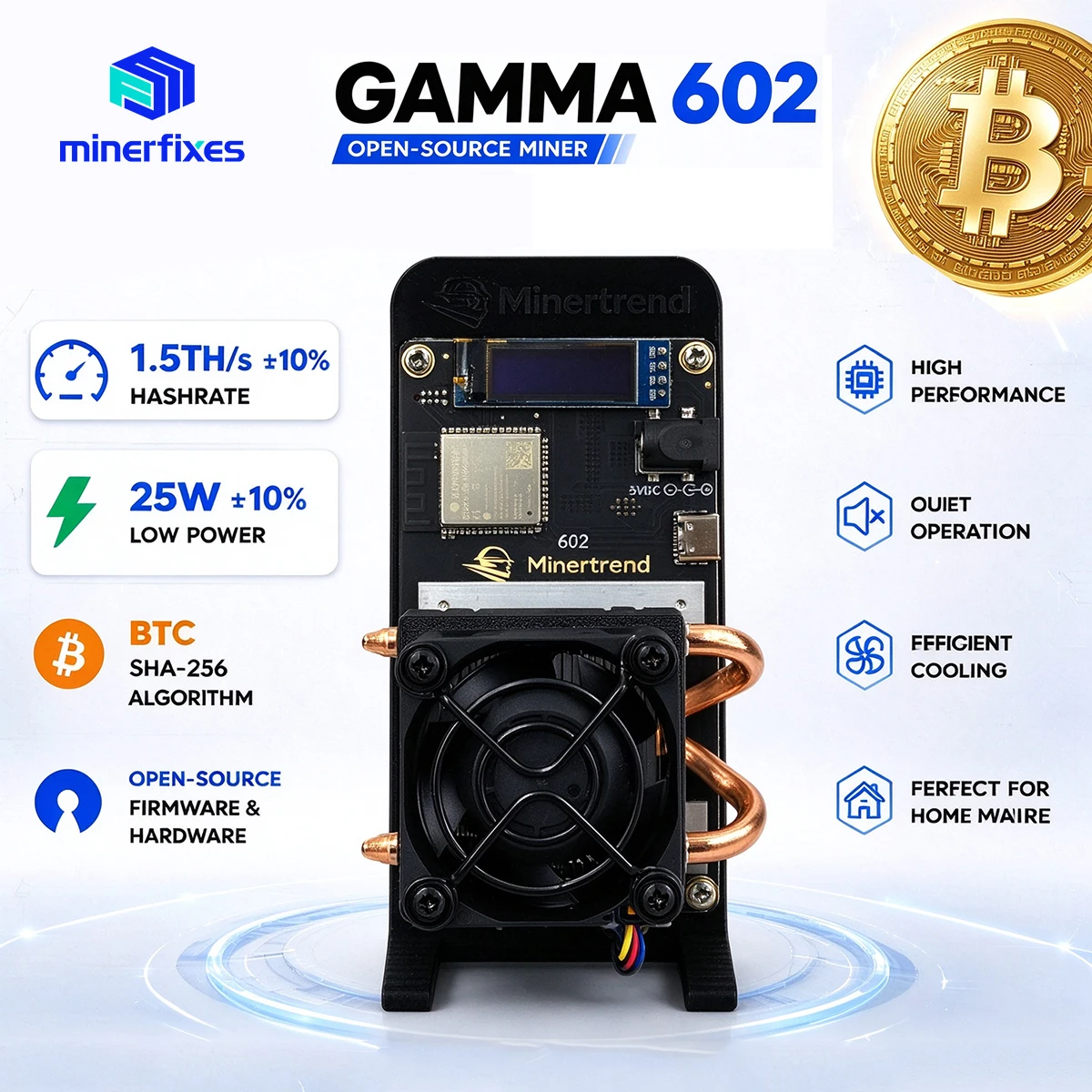 Solo Miner Bitaxe Gamma 601 / 602, ulepszona wersja, wydajność 1,5 TH/s, zużycie energii 25 W, układ BM1370, urządzenie do kopania kryptowalut Bitcoin, algorytm SHA256. ﻿