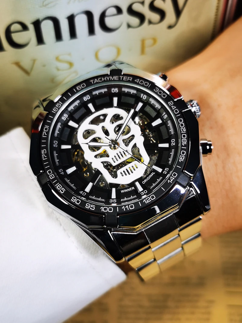 WINNER Classic Military Automatic Watch for Men Luminous Dial Sports Skull Skeleton Mechanical Watches Luxury Steel Band Clock