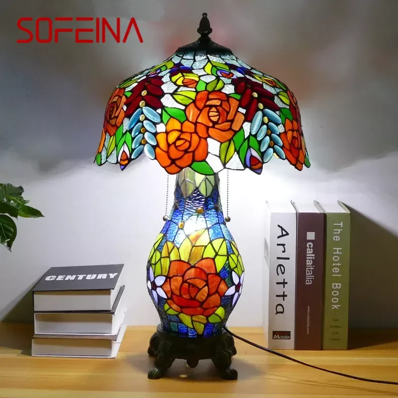 

SOFEINA Tiffany Table Lamp American Retro Living Room Bedroom Lamp Luxurious Villa Hotel Stained Glass Desk Lamp