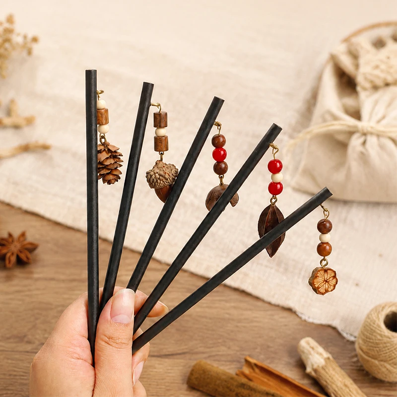 Chinese Herbal Wood Hair Stick DIY Material Kit, Vintage Tassel Wooden Hairpin Making Set, Oriental Hanfu Hair Accessories