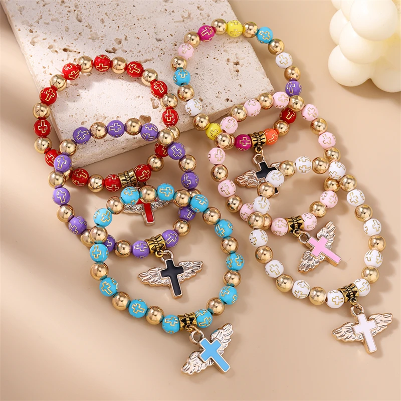 Modisches handgefertigtes Armband mit bunten Perlen für Damen, Kreuzanhänger-Armband, Freundschaftsschmuck, Geschenke für Mädchen – Detail 4