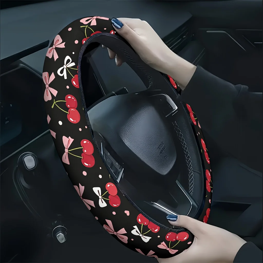 1pc Cherry Bow Heart Pattern Car Steering Wheel Cover, Soft and Breathable to the Touch, Reduces Hand Fatigue