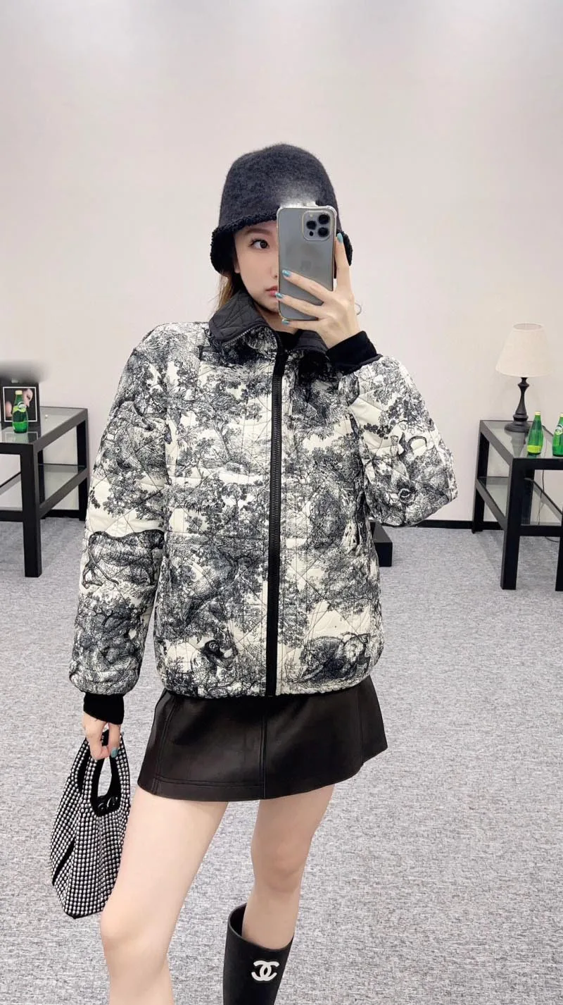 2024 Autumn/Winter Women\'s Cotton Robe Fashion High Quality Jungle Animal Ink Painting Pattern Coat Zipper Two Sided Coat