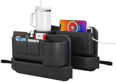 

Leather Car Seat Gap Filler with Cup Holder – 2 Pack Adjustable Organizer for Phones, Keys, Tumblers