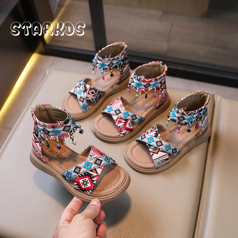 Ethnic  Jacquard Cross Strap Sandals Girls Colorful Beads Fringe High Top Sandalias Kids Summer Thick Sole Flat Beach Shoes