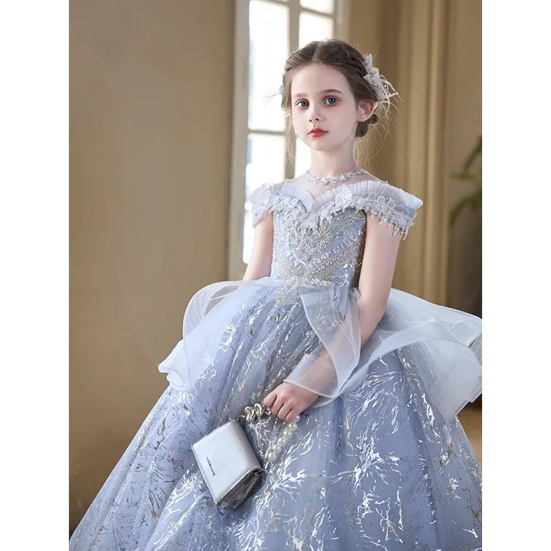 Flower Girl Wedding Party Dresses Girls Princess Dress New Trousers Gray Round Neck Gowns Shoulder Prom Birthday Gown Customized