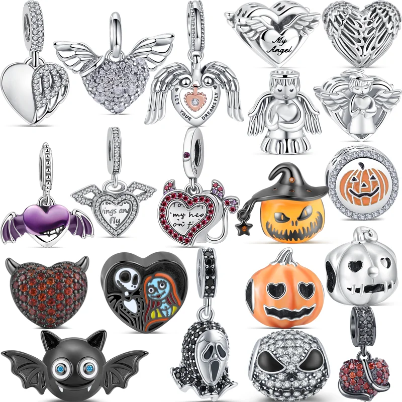 

925 Sterling Silver Vampire Winged Heart Pumpkin Ghost Demon Angel Dangle Charm Fine Beads Fit Original Pandora Bracelet Jewelry