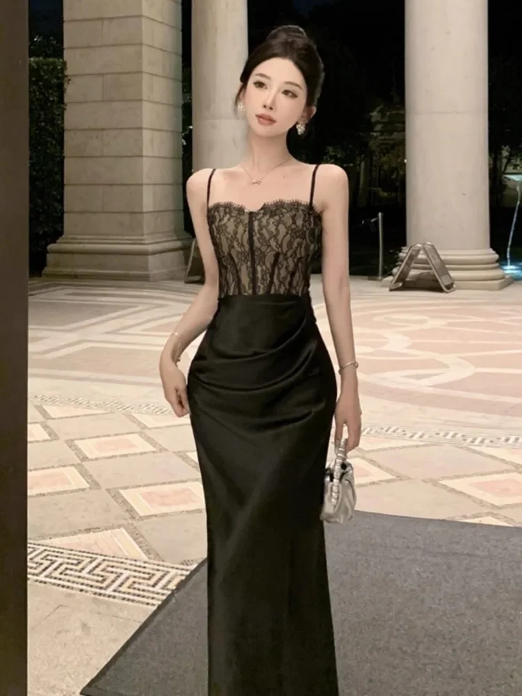 Topanoma Evening Dresses Women Sexy Lace Patchwork Sleeveless Slim Backless Vintage Cocktail Dress Banquet Birthday Party Prom