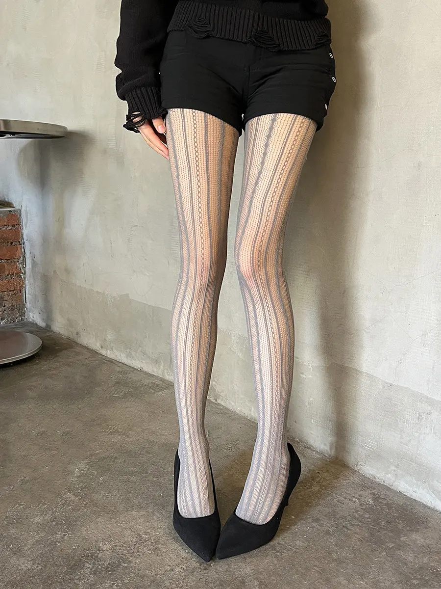 Women Vertical Stripe Fishnet Tights Black Coffee White Sheer High Waist Footed Pantyhose Stockings for Vintage Party Outfits
