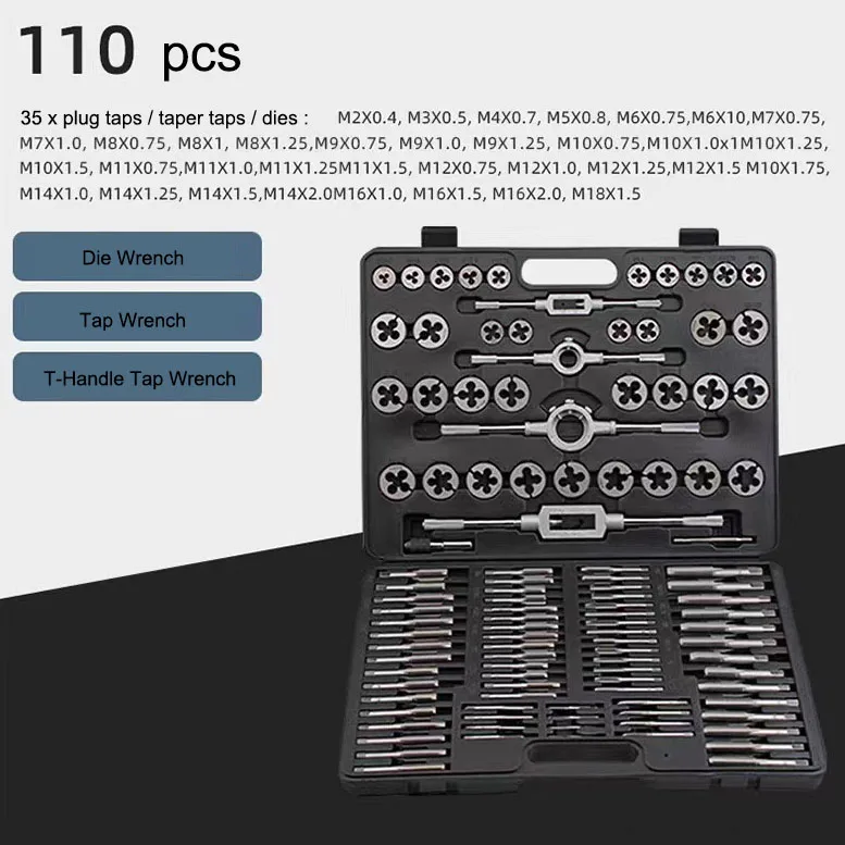 F50 Tap and Die Set 40PCs 60PCs 80PCs 110PCs Metric or SAE Standard Bearing Steel Taps and Dies Essential Threading Tool