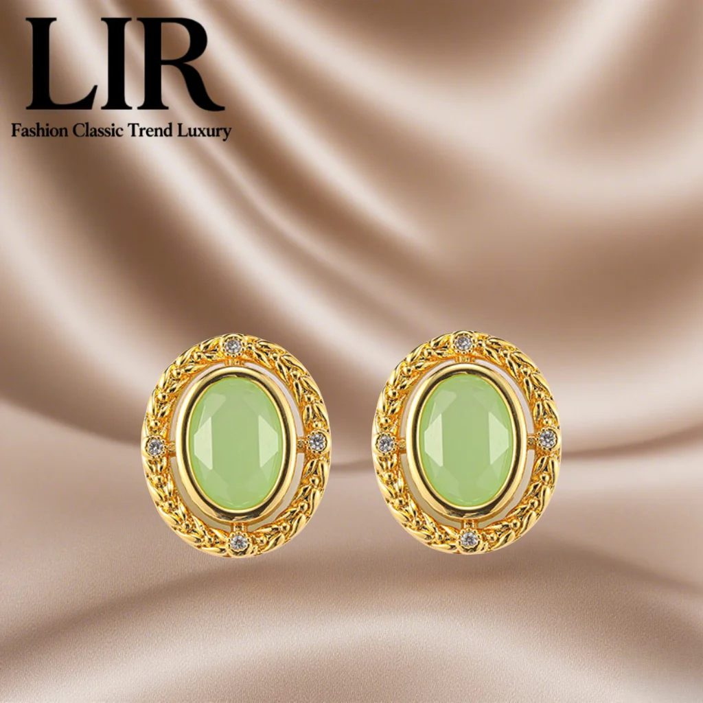 

LIR 2025 New Earrings: Classic Round Wheat Pattern, Green Glass Inlay, Fresh Elegant Fairy Vibe, Women's Trendy Jewelry