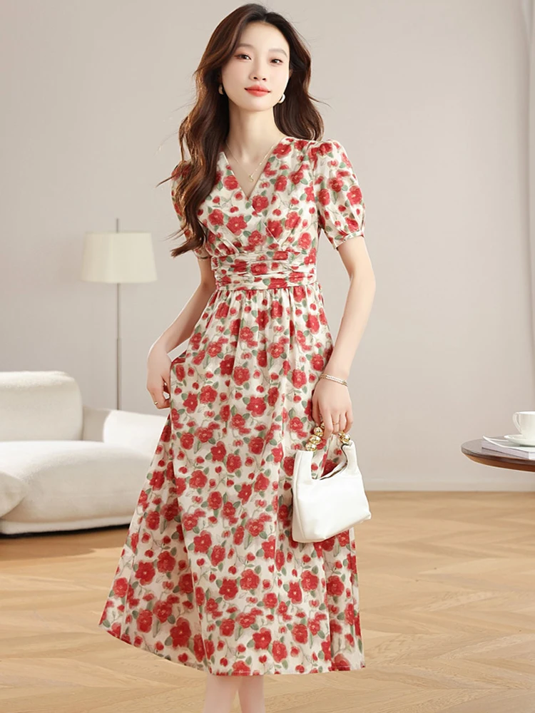 

French Temperament Women Floral Print Chiffon Midi Dress 2025 Summer Ladies V-Neck Short Sleeve Casual High Waist A-Line Dresses