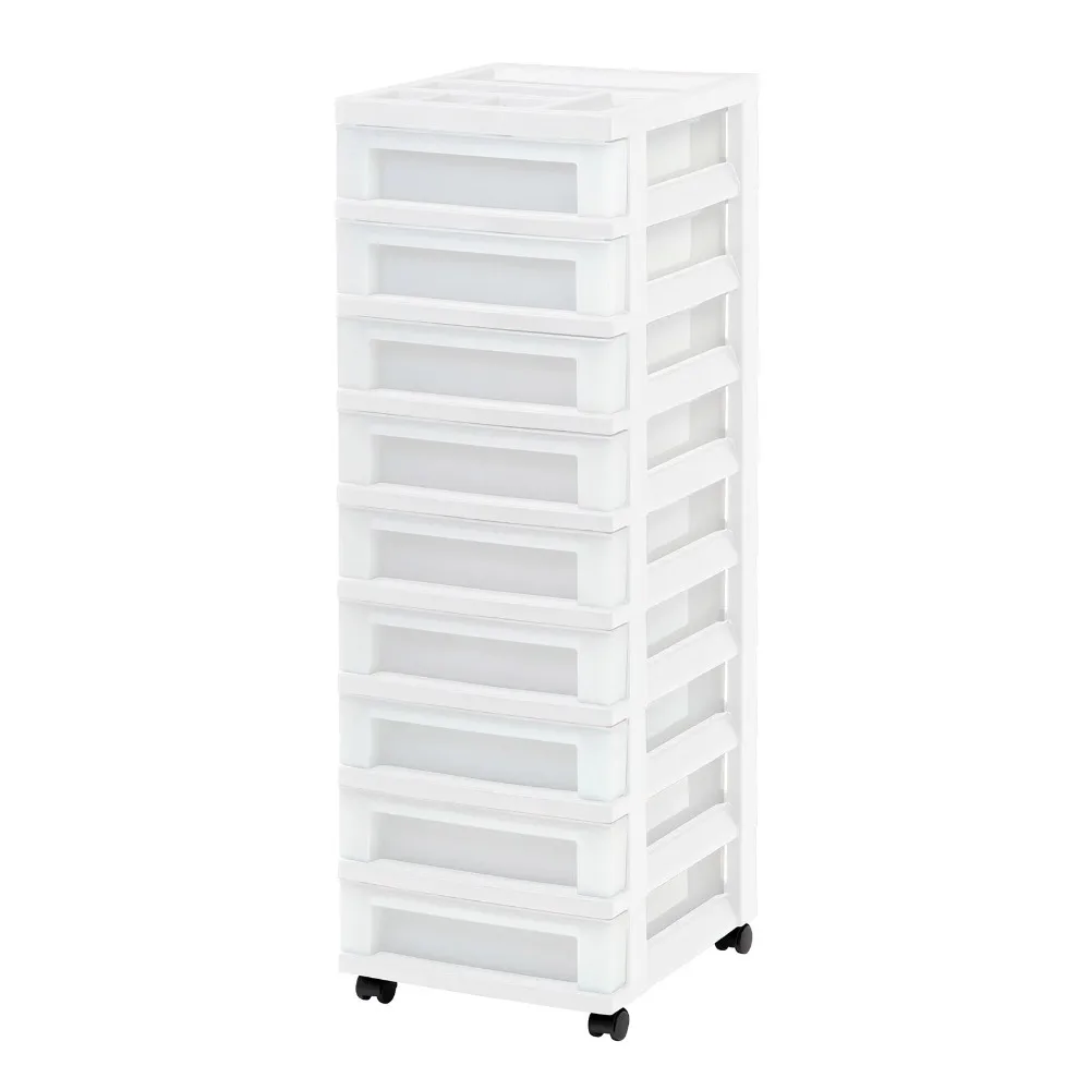 9-Drawer Narrow Plastic Storage Drawer Cart with Organizer Top, White