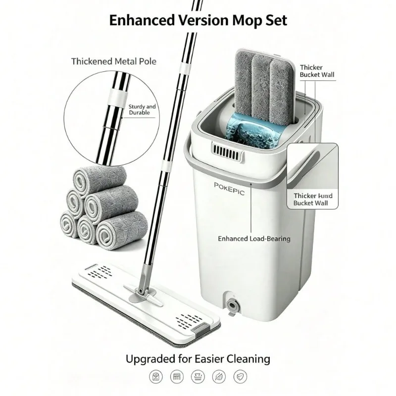 1PC Upgrade Mop And Bucket With Wringer Set, Flat Floor Cleaning Mop System With 6 Reusable Microfiber Pads, Wet Dry Household Cleaning Tool, Durable Floor Mop For Kitchen Bathroom Home Essentials, US Warehouse Fast Shipping