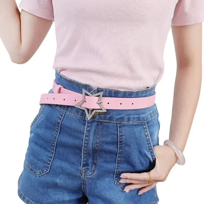 Y2K Star Buckle Belt Pink Leather Elastic Binding Embellished Waistband Sparkling Rhinestone Retro Bride Decoration Accessories