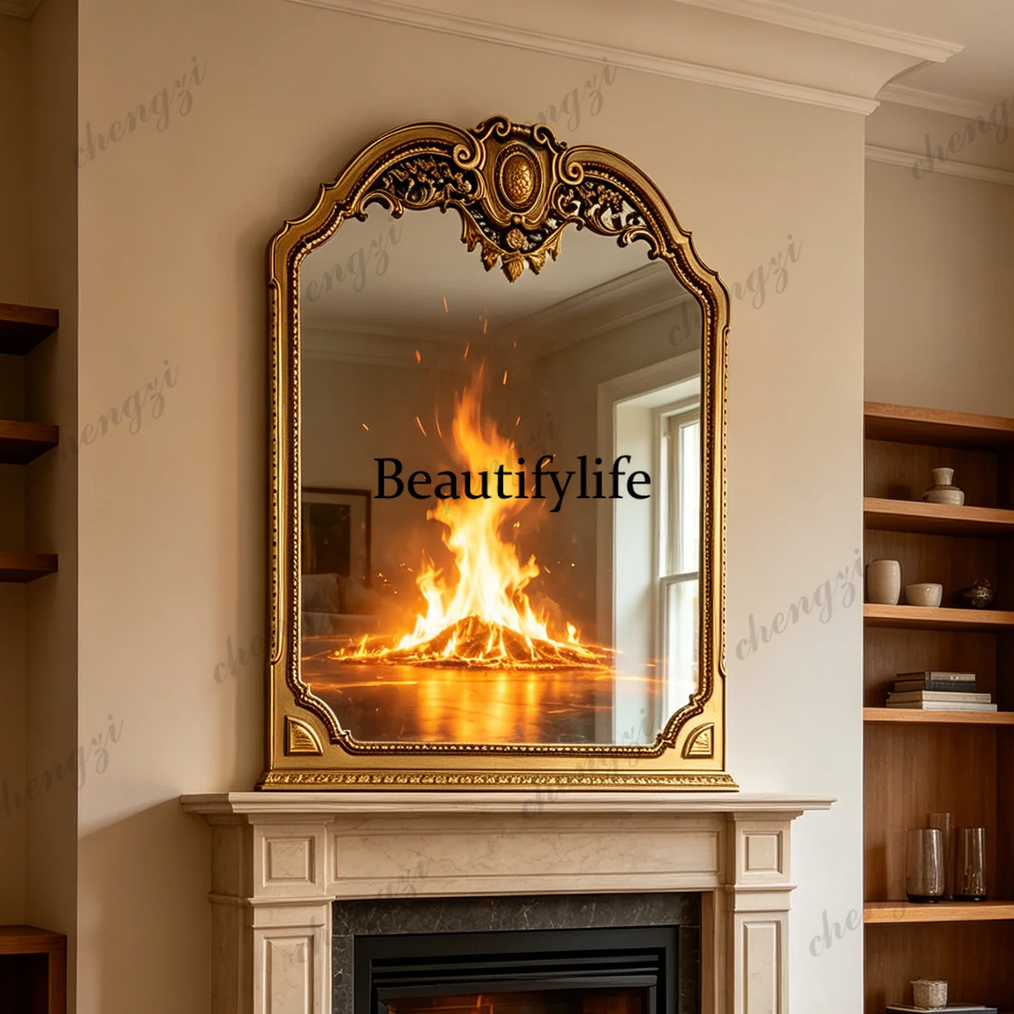 French retro engraving art mirror American fireplace mirror wall hanging background wall decorative mirror master bedroom