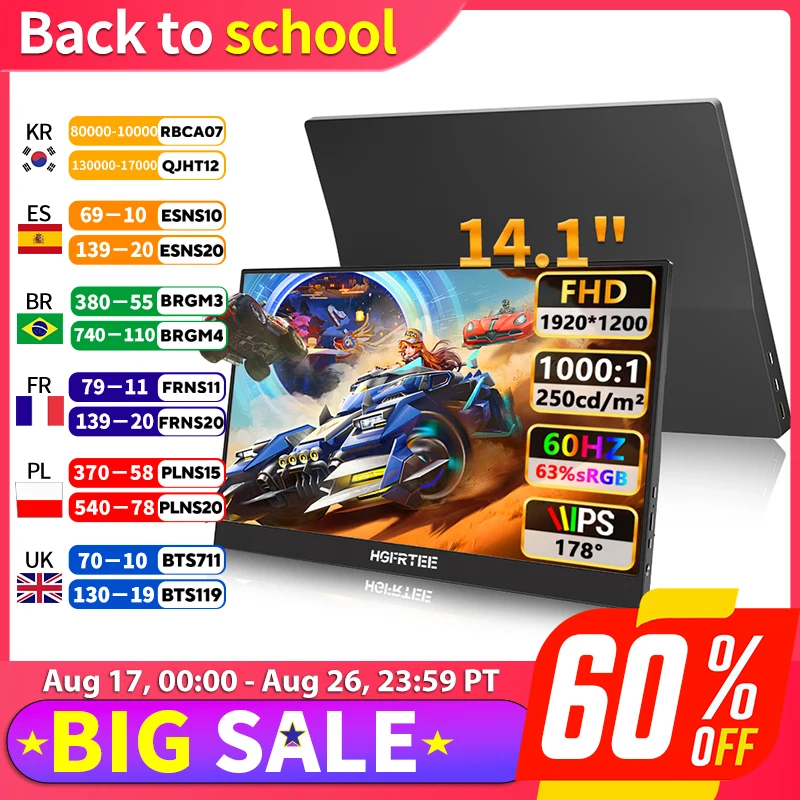 HGFRTEE Protable Monitor 14.1 Inch Full HD 1200P 16:10 Dual Speakers Dual Type-c and MINI HDMI for Mac PC Phone Xbox PS5 Switch