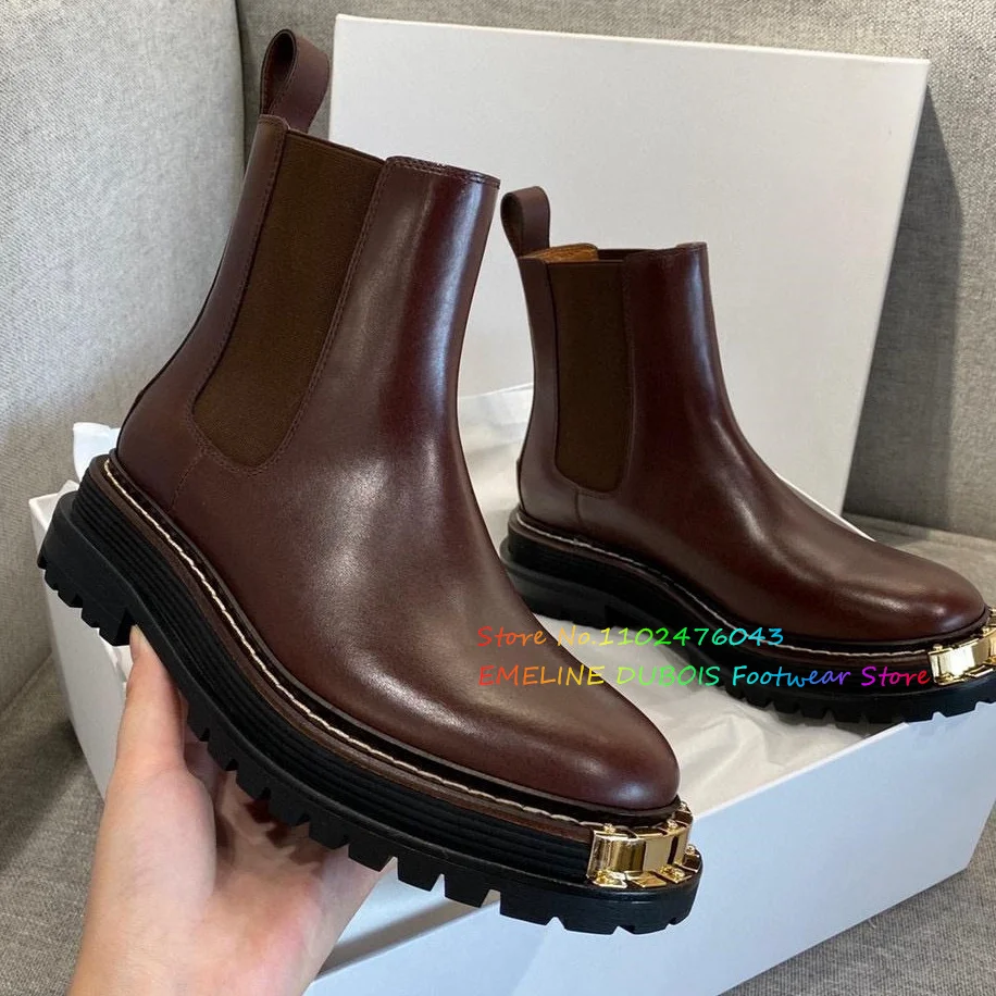 2023 Nieuwe Herfst Design Zwarte Enkellaars Fashion Metal Ronde Neus Dames Casual Chelsea Laarzen Schoenen Zachte Leren Korte Laarzen Vrouwen