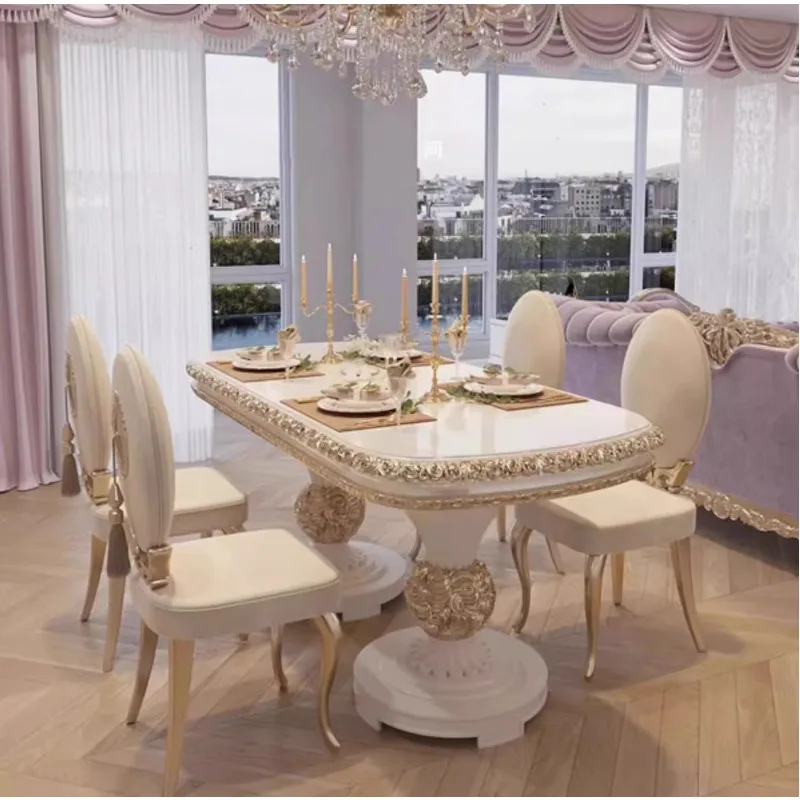 French Light Luxury Court Style Dining Table and Chair Combination Solid Wood Carving Flower Oval High-End Villa European Luxury