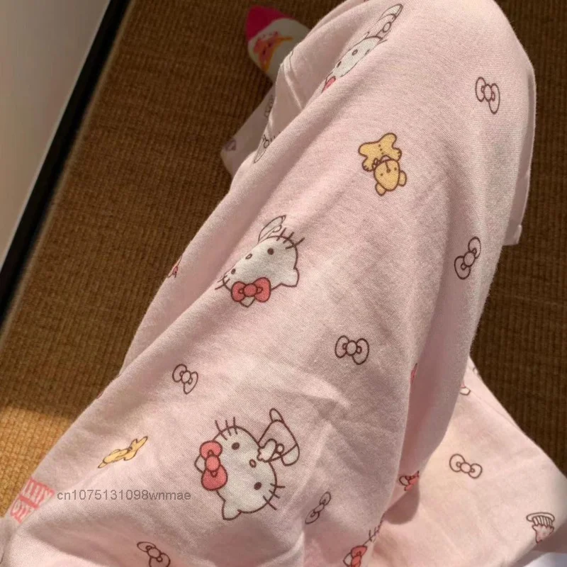 Sanrio Cute Soft Hello Kitty Printed Sleepwear Pants for Women Summer Loose Casual Home Long Pants Cozy Trousers Clothes