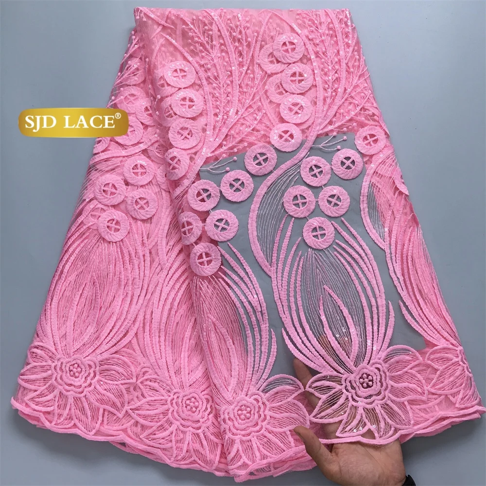 SJD LACE Pink African Lace Fabrics 5Yards Nigerian Tulle Milk Silk French Sequins Net Lace for Sewing Women Party Dresses 5051
