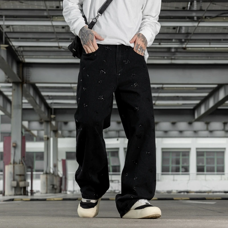 

YY18012 New American fashion brand black loose straight tube bead piece personalized craft washed denim jeans