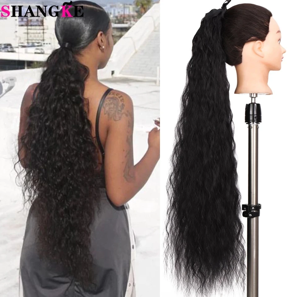 SHANGKE-coleta sintética para mujer, extensión de cabello ondulado largo, Clip en cola de caballo, envoltura alrededor, fibra resistente al calor,