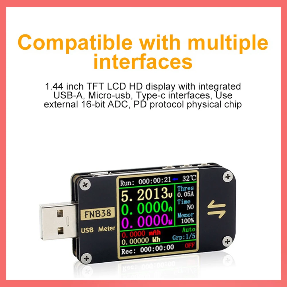 FNB38 USB Tester Medidor de tensão atual, carregamento rápido Protocolo Capacidade Tester, QC4 + PD3.0, QC2.0, PPS, FCP, SCP, AFC