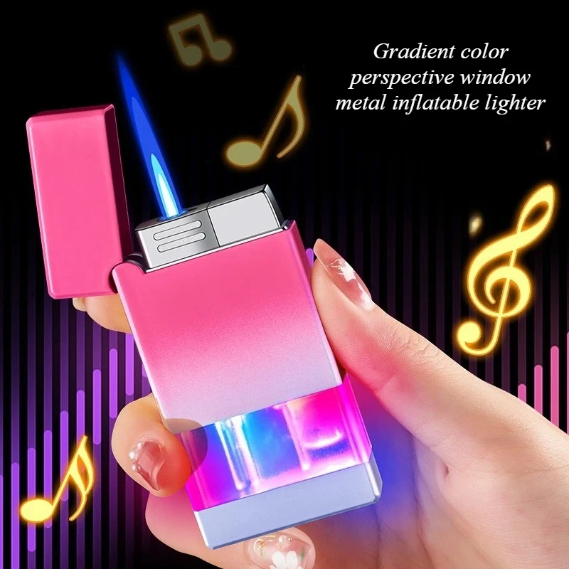 

Металлическая зажигалка с градиентным окрасочным покрытием, прозрачным окошком, прямым синим пламенем, надувная, со светодиодной подсветкой, аксессуар для сигарет, подарок