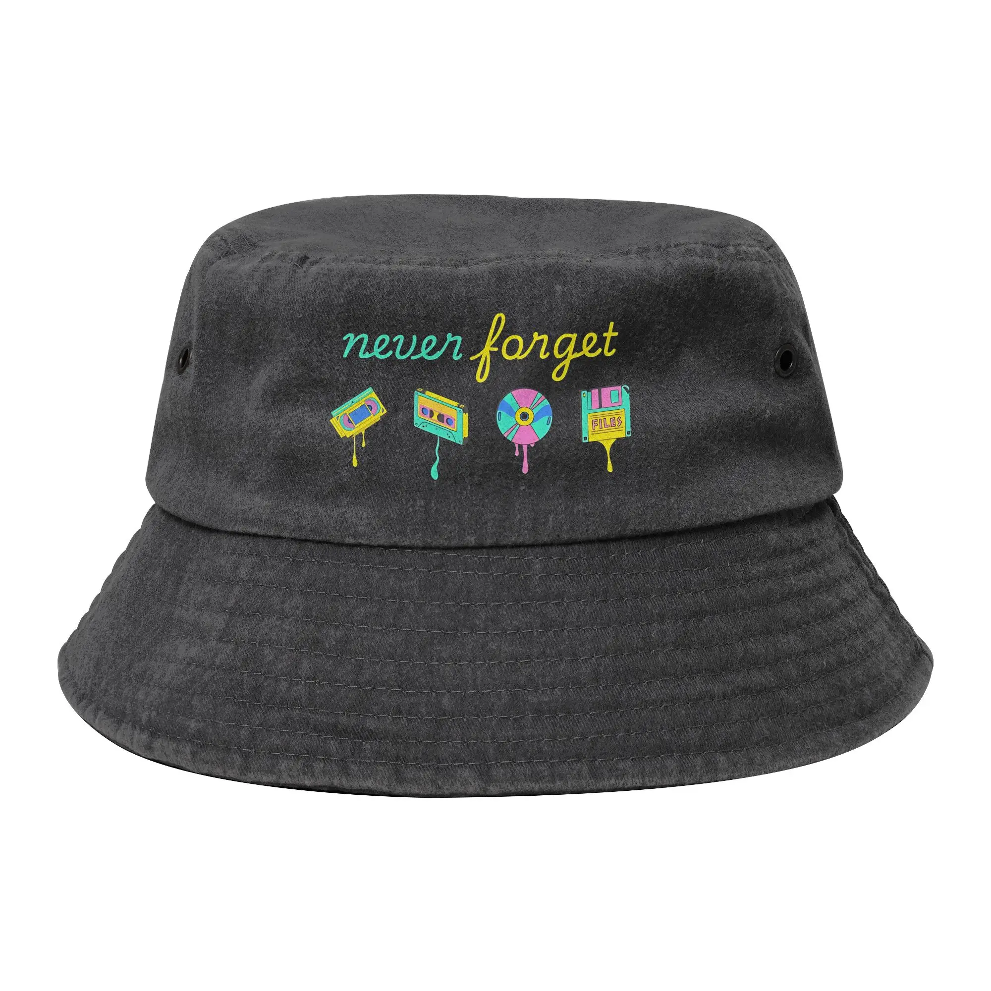 Never Forget Vintage Retro Tape Music Bucket Hats Woman Outdoor  Distressed Cotton Fishing Cap Hot Summer Headwear Panama Hat