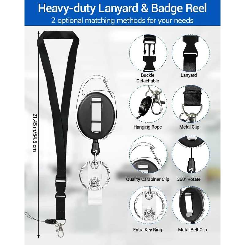 2D Black ID Badge Holder Featuring a Lanyard, Retractable Reel Clip, And a Double-Sided Clear Vertical Design for Key Cards,
