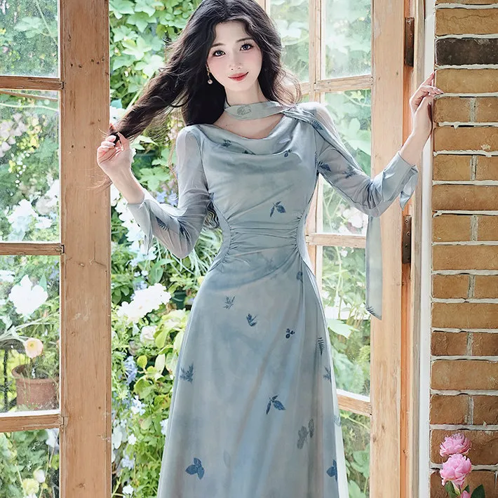 

Chic Chinese Style Long Dress Women's Autumn New Fashion Slim Fit Romantic Gradient Print Halter Neck Dress Vintage Floral Pr...