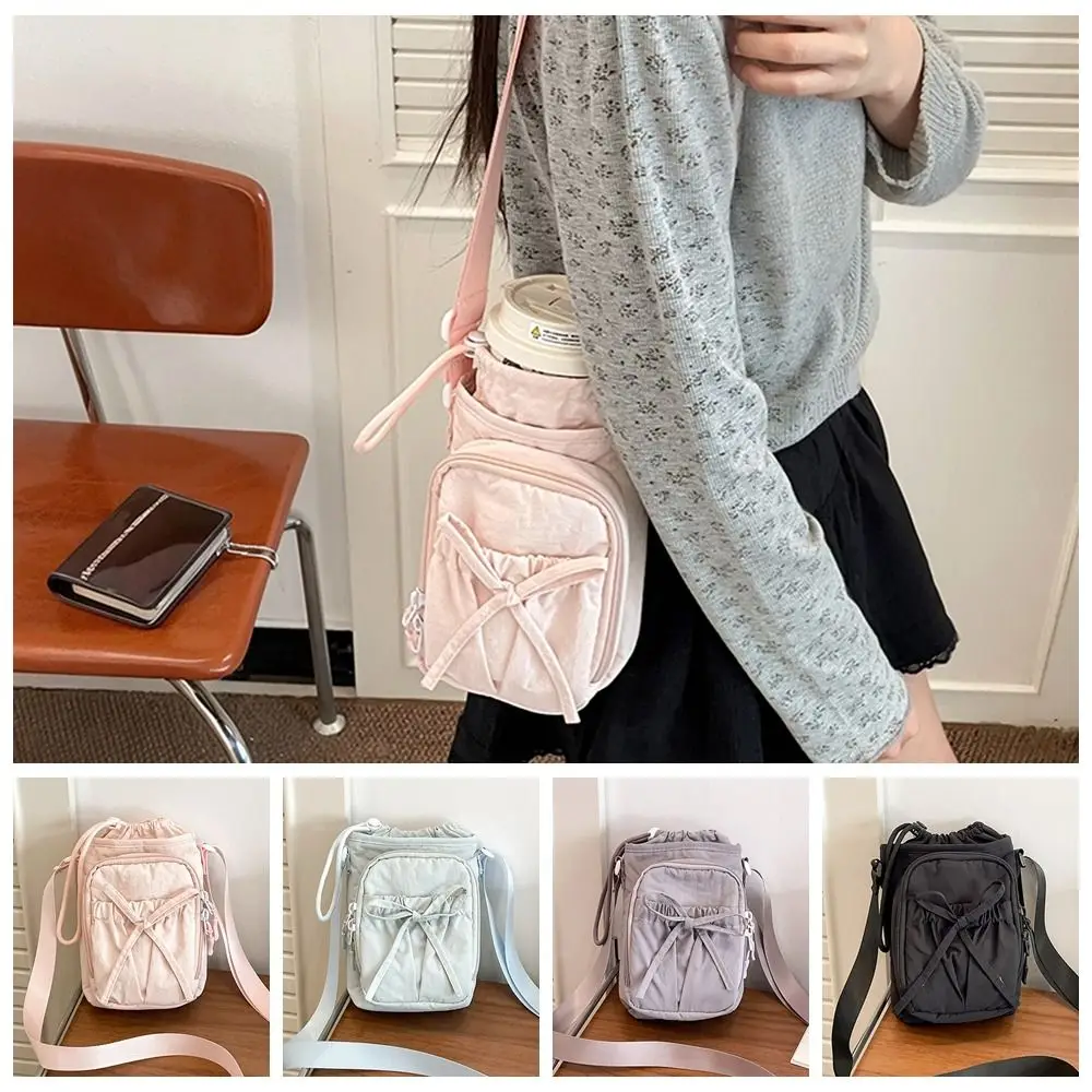

Cute Bow Water Bottle Bag Drawstring Solid Color Phone Crossbody Bag Minimalist Korean Style Water Cup Bag Girl