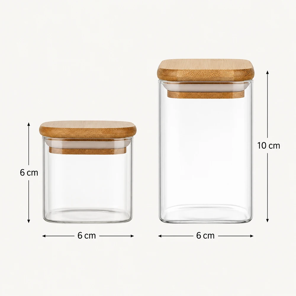 Spice Jars with Labels, Glass Jar with Bamboo Lid, Airtight Square Containers with White Labels, Empty Seasoning Jars