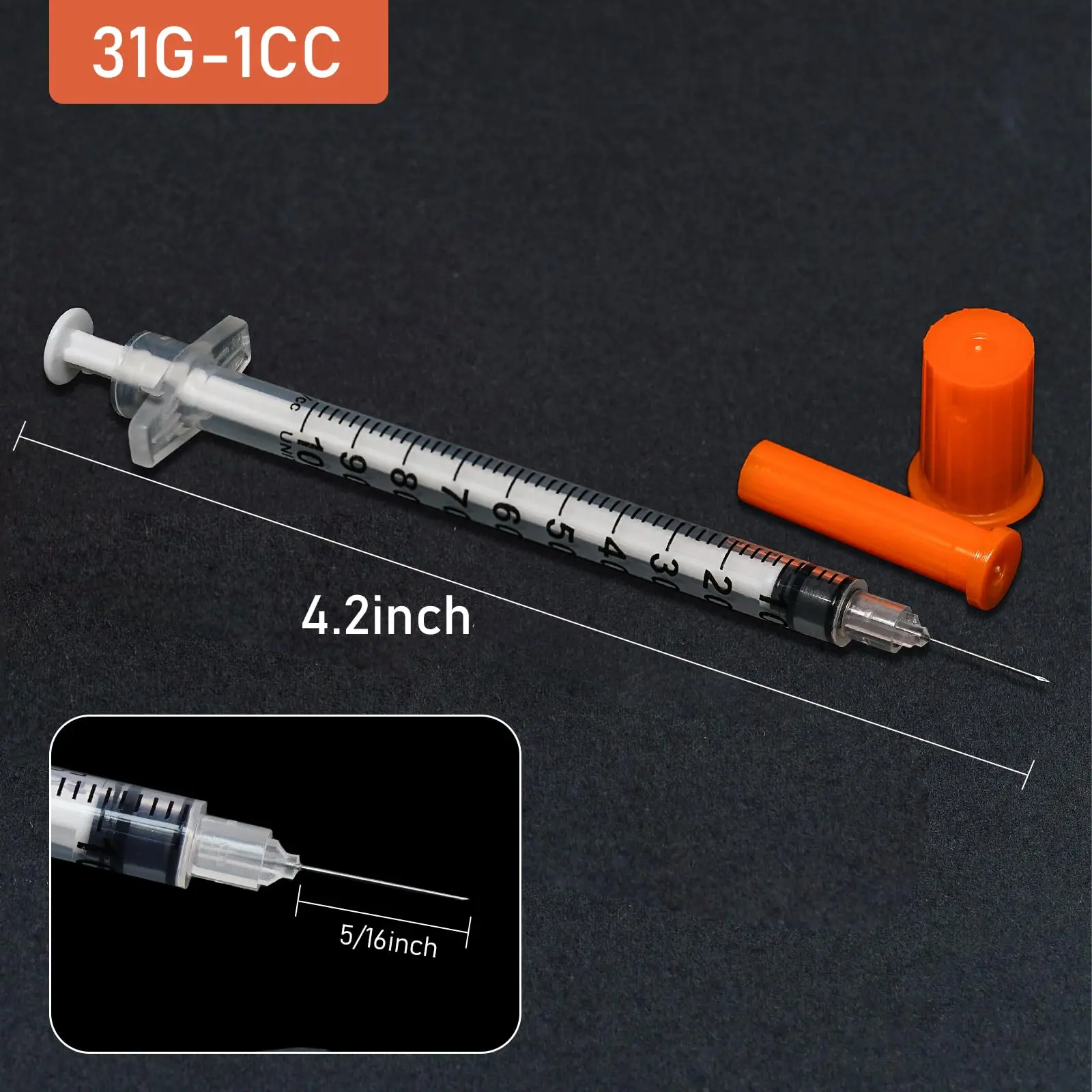100pcs 1ml/1cc Sterile Insulin Syringe With 31G 8mm Needle and Orange Cap Individually Packed Injector for Pets