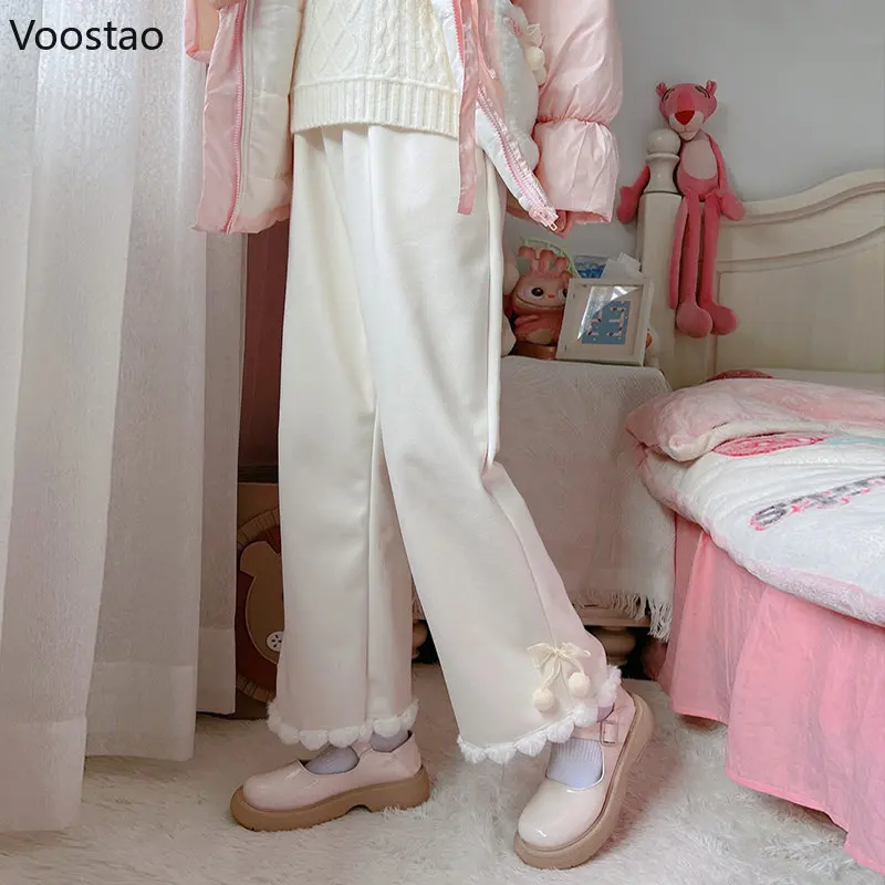 Autumn Winter Japanese Women Sweet Lolita Style Lace Bow Woolen Wide Leg Pants Girls Casual Loose Sweatpants Warm Cute Trousers