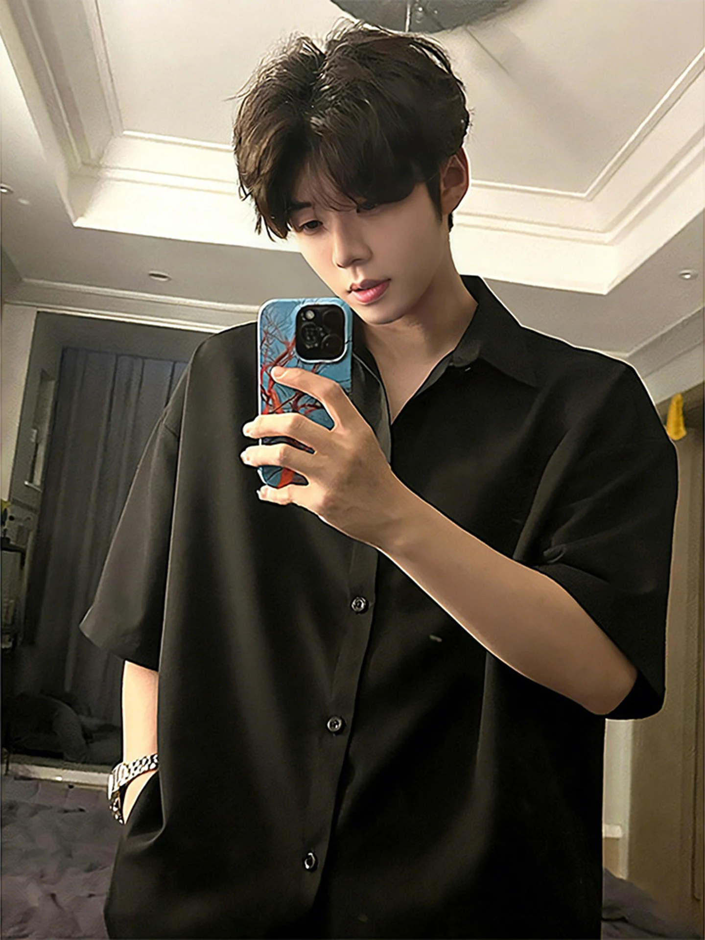 

Bla American Sle ort Sve irt Men's Commute Summer Ice Silk Drape Sun Protection f Sve Outerwear Loose Fit