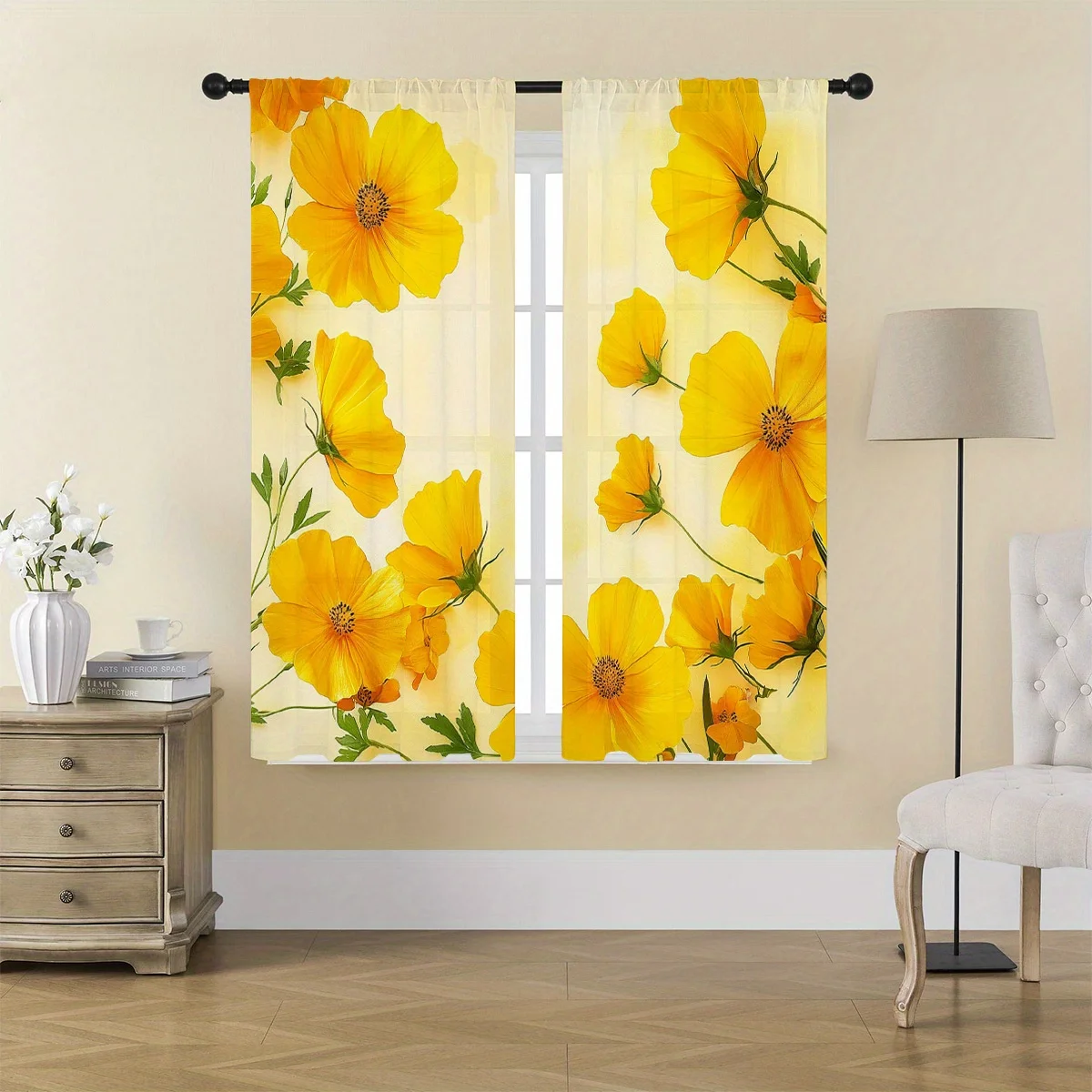 2 Stück transparente Vorhänge, gelb, leuchtend gelbes Kosmos-Blumenmuster, geeignet für Schlafzimmer und Wohnzimmer, Stil mit Stangenlöchern
