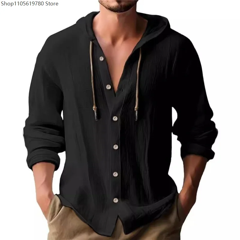 Cotton Linen Hood Shirt Long Sleeves Men's Casual Blouse Tops Button Loose Beach Holiday T Shirt Spring Summer Drawstring Tee