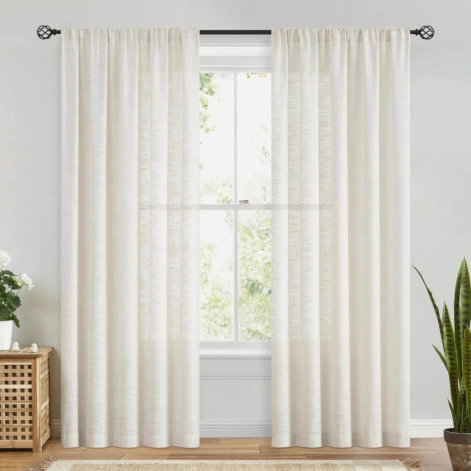 Linen Blend Beige Curtains 96 Inches Long for Living Room Farmhouse Rod Pocket Back Tab Light Filtering Window Drape for Bedroom