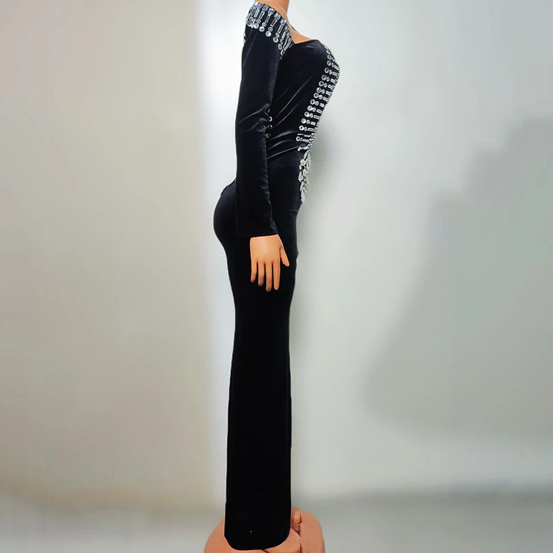 2025 Women Luxury Designer Sexy Cut Out Long Sleeve Crystal Maxi Long Velvet Dress Celebrity Evening Club Party Gala Gowns