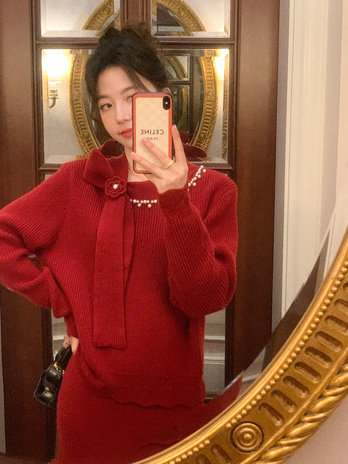 

Red Knitted Sweater Set for Women Ele Sle Winter Warm Long Sve Pearl Detail Versatile Wear Comfortable Medium Softn