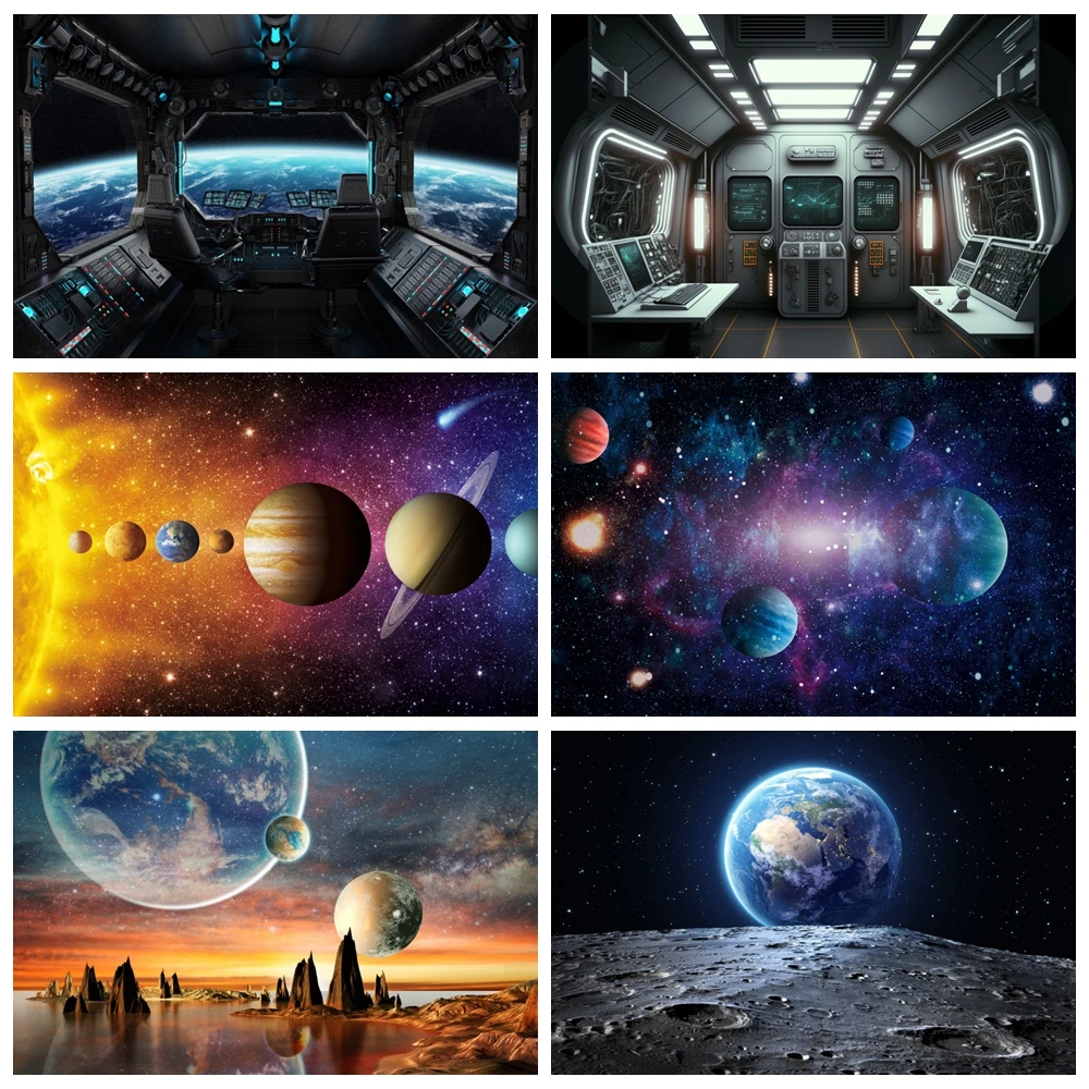 Starry Sky Universe Space Capsule Backdrop Planet Solar System Scene Baby Birthday Party Photography Background for Photo Studio