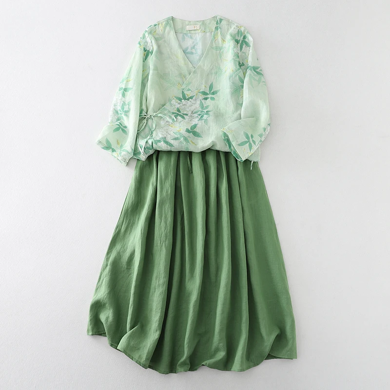 Een irt Top f Rok Set Nieuwe Chinese Sle Reform Song Dynas Hanfu Dameskleding Katoen Lange Sve V-Ne losse Fit