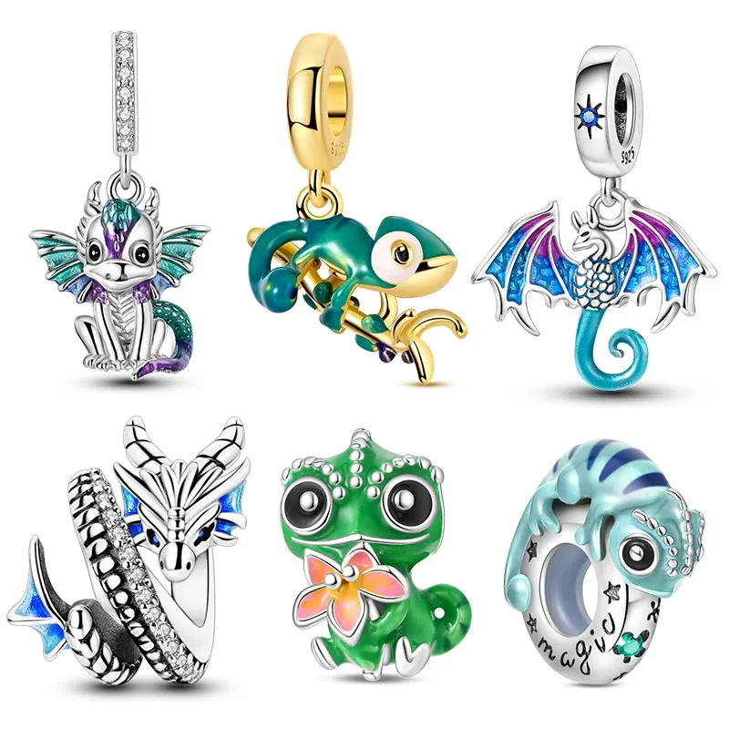 Pingente Original de Prata 925 Camaleão e Dragãozinho Fofo para Pulseira e Colar Original, Joia Fina DIY para Mulheres, Presente Quente