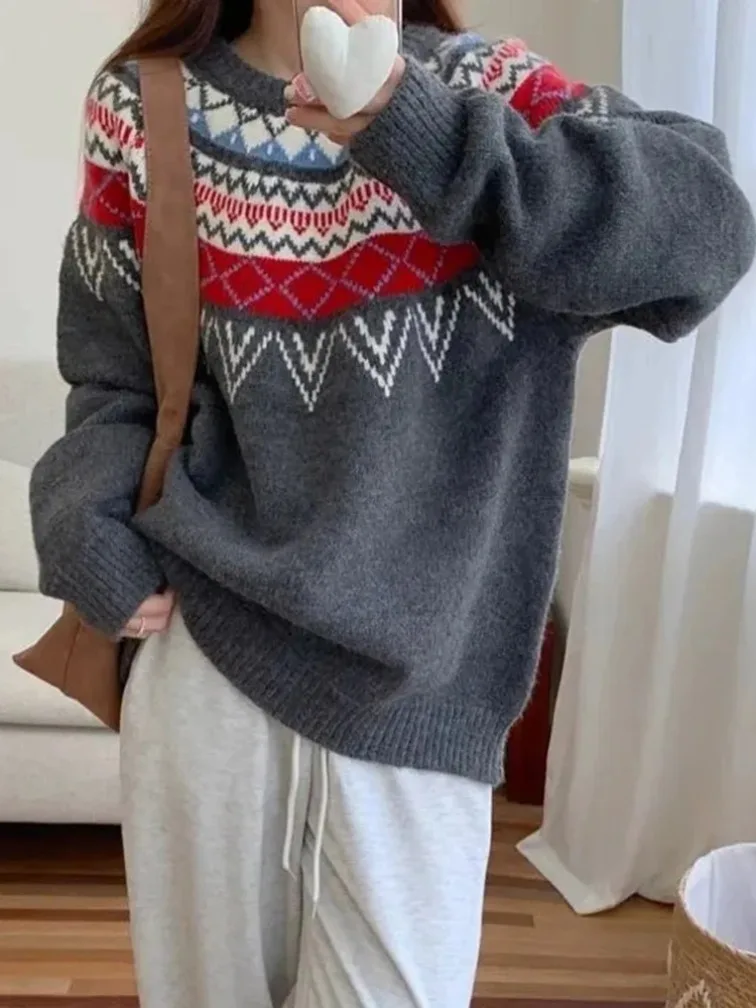 Nuevo estilo Preppy Argyle suéteres mujeres Vintage de gran tamaño suelto de punto jerseys coreano de manga larga Patchwork señora dulce Tops