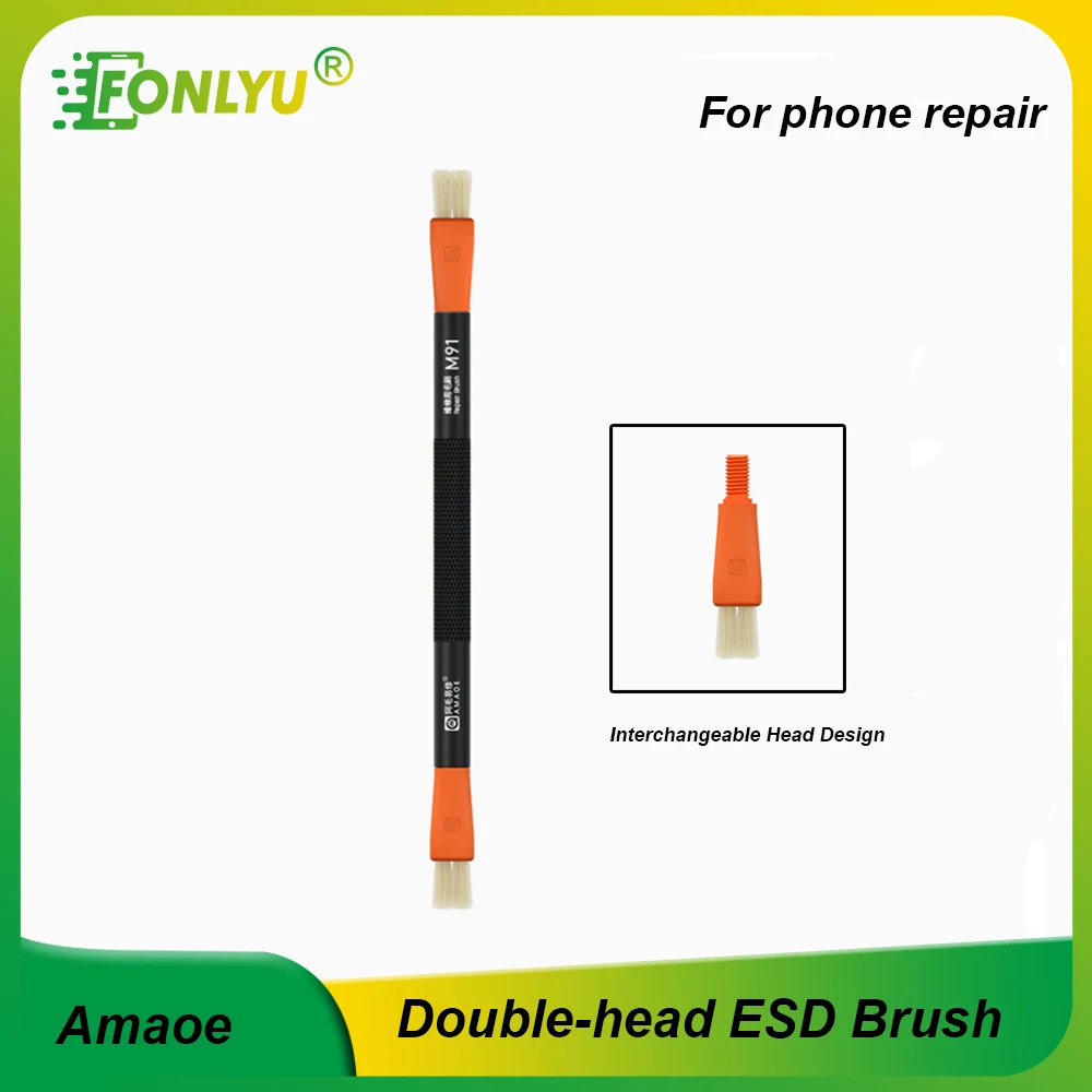 AMAOE M91 Double Copper Changelable Head Dual-purpose Bristle Brush for Mobile Phone Repair IC Pad Clean Deglue Tin Removal Tool