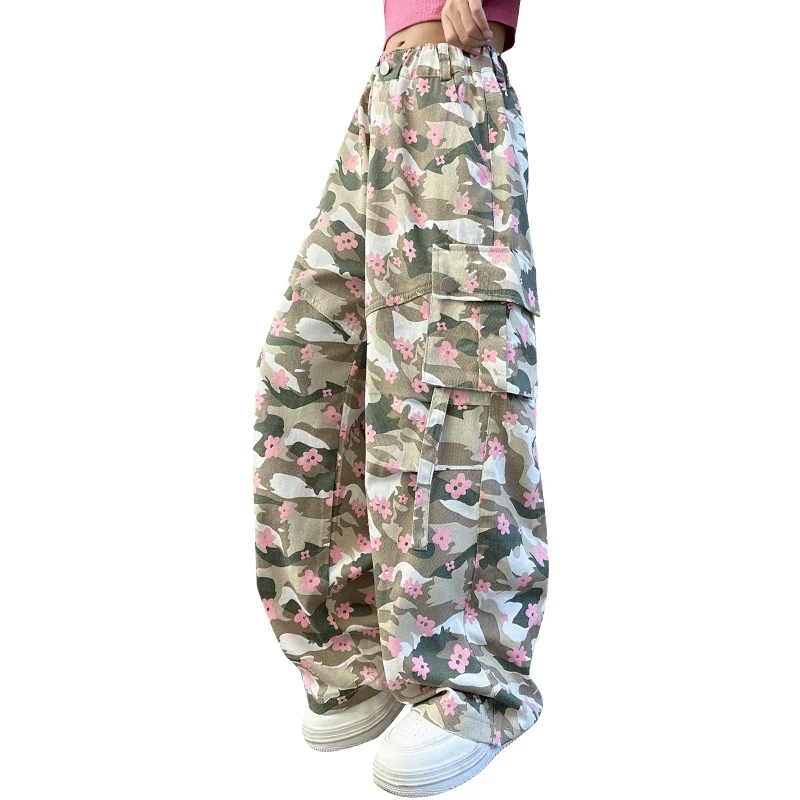 

Korean Children Camouflage Cargo Pants Spring Autumn Teens Girl Casual Elastic Waist Pocket Trousers Teenager Street Wear Pants