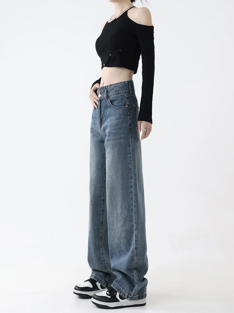 Fashion Street Slim Casual Woman Jeans New High Waist Retro Women Jeans Blue Simple Basic Straight Leg Pants Female Chicly